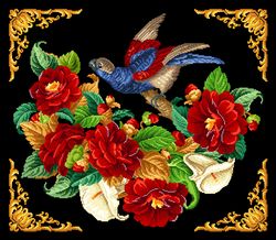 a310 a parrot on a wreath of camellias