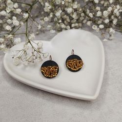 gold polymer clay dangle earrings, handmade seed bead earrings, birthday gift for mom