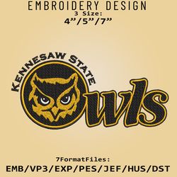 kennesaw state owls logo ncaa, embroidery design ncaa, kennesaw state owls, embroidery files, machine embroider pattern