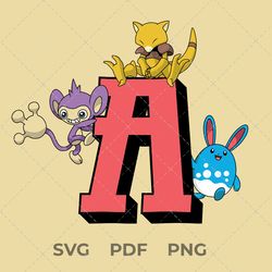 pokemon svg file, pokemon layered svg, letter a ,abra pokemon, azumarill pokemon, aipom pokemon, digital, vector image