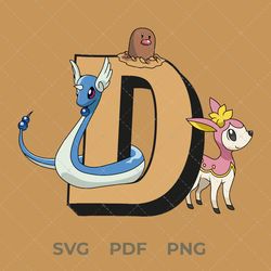 pokemon svg, letter d, dragonite pokemon, diglett pokemon, deerling pokemon, digital, vector image, sticker, 300 dpi