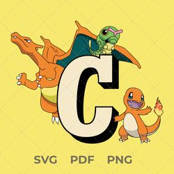 pokemon svg file, letter c, charmander pokemon, charizard pokemon, caterpie pokemon, digital , vector image, pdf file