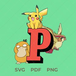 pokemon svg, letter p, psyduck pokemon, pikachu pokemon, pidgey pokemon, digital image, vector image, pokemon pdf