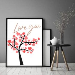 love you poster printable wall art red heart tree print minimalist wall art instant download 16x20/8x10