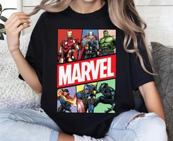 marvel avengers group characters shirt, marvel vintage logo t-shirt, marvel disneyland family trip gift, marvel walt dis