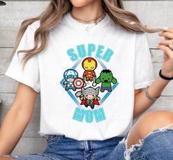 marvel mother's day kawaii team super mom graphic t-shirt, matching mother shirts, mom and kid outfit, disneyland family