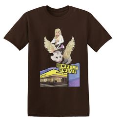 dolly parton riding a winged possum over waffle-house retro t-shirt, sweatshirt