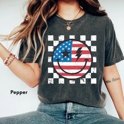 happy face checkered blue & red shirt,memorial day,flag smiley shirt,4th of july shirt,fourth of july shirt,distressed s