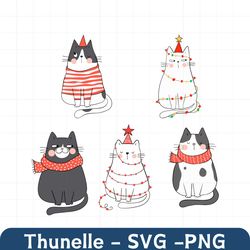 hand drawn christmas cartoon cats svg bundle cute kitten doodles set kawaii pet cliparts pack vector silhouette cut file