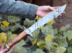 21-inch damascus steel hunting knife with rose wood handle - handcrafted excellence for outdoor enthusiasts