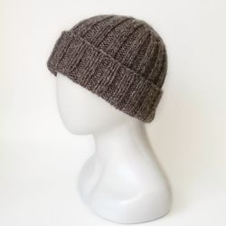 cozy men's alpaca wool winter beanie: hand-knitted brown hat. warm men's beanie with folded brim: handcrafted ribbed cap