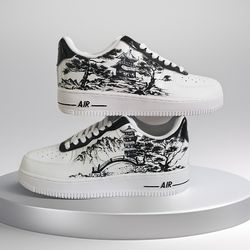 man custom shoes air force 1 japan art, white black, buty customization sneaker casual shoe personalized gift, bbc 1 af1