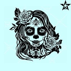 sugar skull girl face with flowers svg, lady dead svg, sugar skull svg, la muerta svg, halloween mom svg