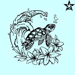 turtle with wave svg, sea turtle svg, floral turtle sea wave svg