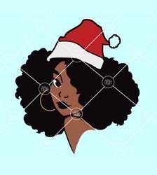 afro woman with santa hat svg, black woman santa hat svg, afro woman christmas svg