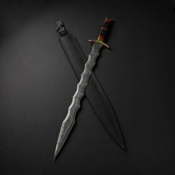 custom handmade damascus steel hunting viking sword micarta and red spacer with guard & pommel handle gift for him groo