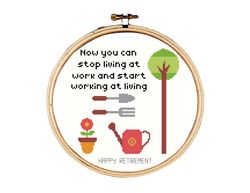 retirement cross stitch pattern, happy retirement cross stitch pattern, retirement and gardening cross stitch pattern