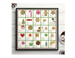 advent calendar cross stitch pattern, christmas cross stitch pattern, holiday cookies and sweets chart