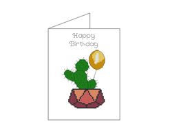 birthday card cross stitch pattern, happy birthday cross stitch, diy gift for birthdays, cactus and balloon