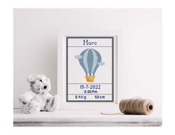 baby sampler cross stitch pattern, birth announcement, hot air balloon cross stitch pattern, alphabet included