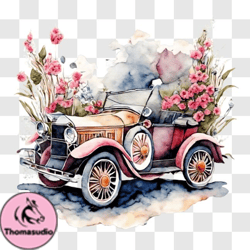 Beautiful Watercolor Painting of a Vintage Car with Floral Decorations PNG Design 164