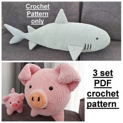 3 set pdf pig toy,funny toy pattern, shark crochet, crochet pattern,toy pattern,crochet toy,