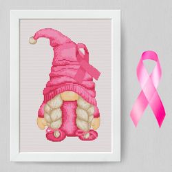 breast cancer female, gnome cross stitch, counted cross stitch