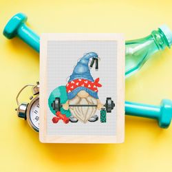 gnome at the gym, gnome cross stitch, counted cross stitch