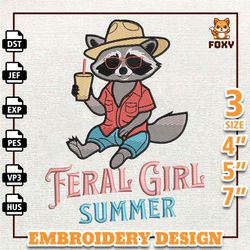 feral girl summer embroidery design, funny racoon embroidery design, funny animal quote design, instant download