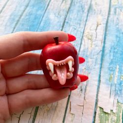 brooch miniature toothy apple with polymer clay