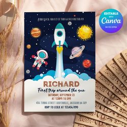 astronaut birthday invitation, first trip birthday invitation canva editable