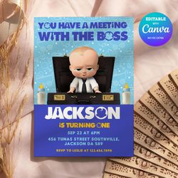 baby boss any age birthday invitation, 1st baby boss birthday invitation canva editable,