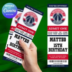 washington wizards birthday invitation canva editable, basketball ticket birthday invitation