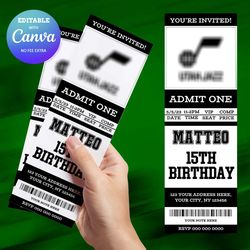 utah jazz birthday invitation canva editable, basketball ticket birthday invitation