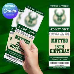 milwaukee bucks birthday invitation canva editable, basketball ticket birthday invitation