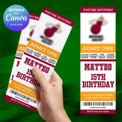 miami heat birthday invitation canva editable, basketball ticket birthday invitation