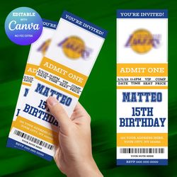 los angeles lakers birthday invitation canva editable, basketball ticket birthday invitation
