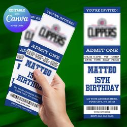 la clippers birthday invitation canva editable, basketball ticket birthday invitation