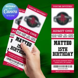 houston rockets birthday invitation canva editable, basketball ticket birthday invitation