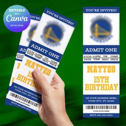 golden state warriors birthday invitation canva editable, basketball ticket birthday invitation