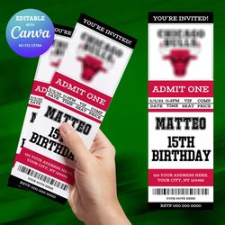 chicago bulls birthday invitation canva editable, basketball ticket birthday invitation