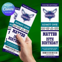 charlotte hornets birthday invitation canva editable, basketball ticket birthday invitation