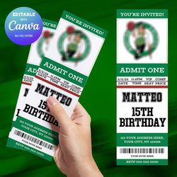 boston celtics birthday invitation canva editable, basketball ticket birthday invitation