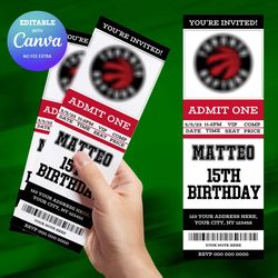 toronto raptors birthday invitation canva editable, basketball ticket birthday invitation