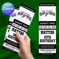 san antonio spurs birthday invitation canva editable, basketball ticket birthday invitation