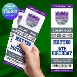 sacramento kings birthday invitation canva editable, basketball ticket birthday invitation