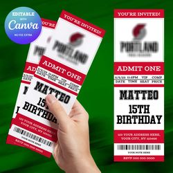 portland trail blazers birthday invitation canva editable, basketball ticket birthday invitation