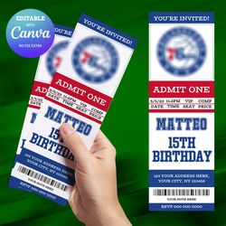 philadelphia 76ers birthday invitation canva editable, basketball ticket birthday invitation