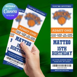 new york knicks birthday invitation canva editable, basketball ticket birthday invitation