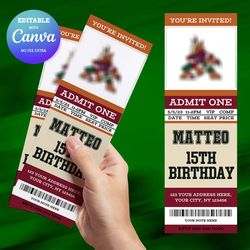 arizona coyotes birthday invitation canva editable, hockey ticket birthday invitation